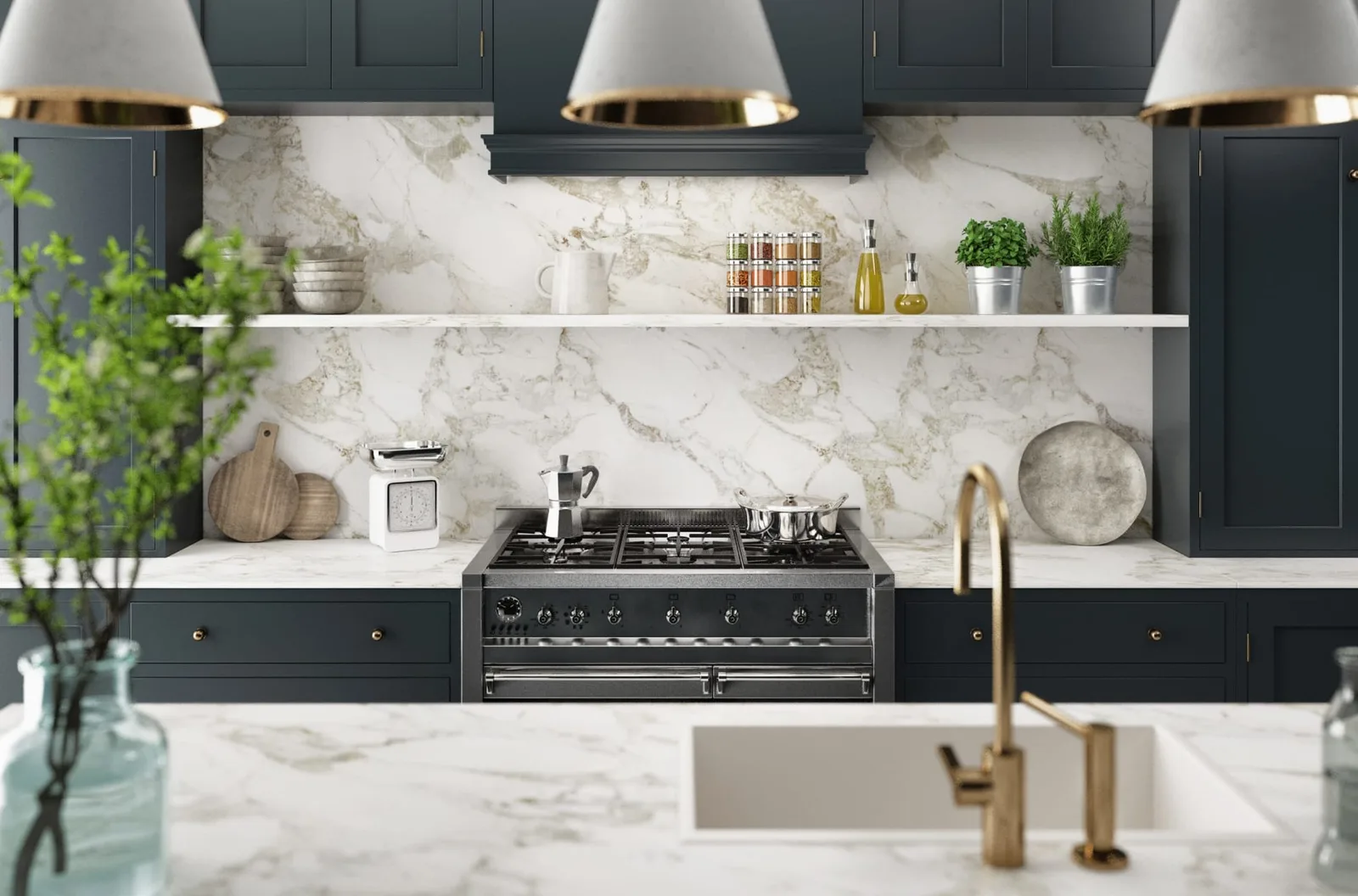 Designer kitchen with marble backsplash and brass fixtures in a luxury San Diego home