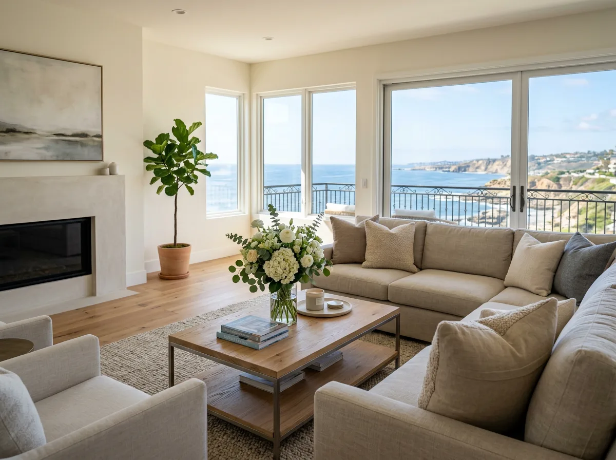 Staged ocean view living room in a North County San Diego luxury home