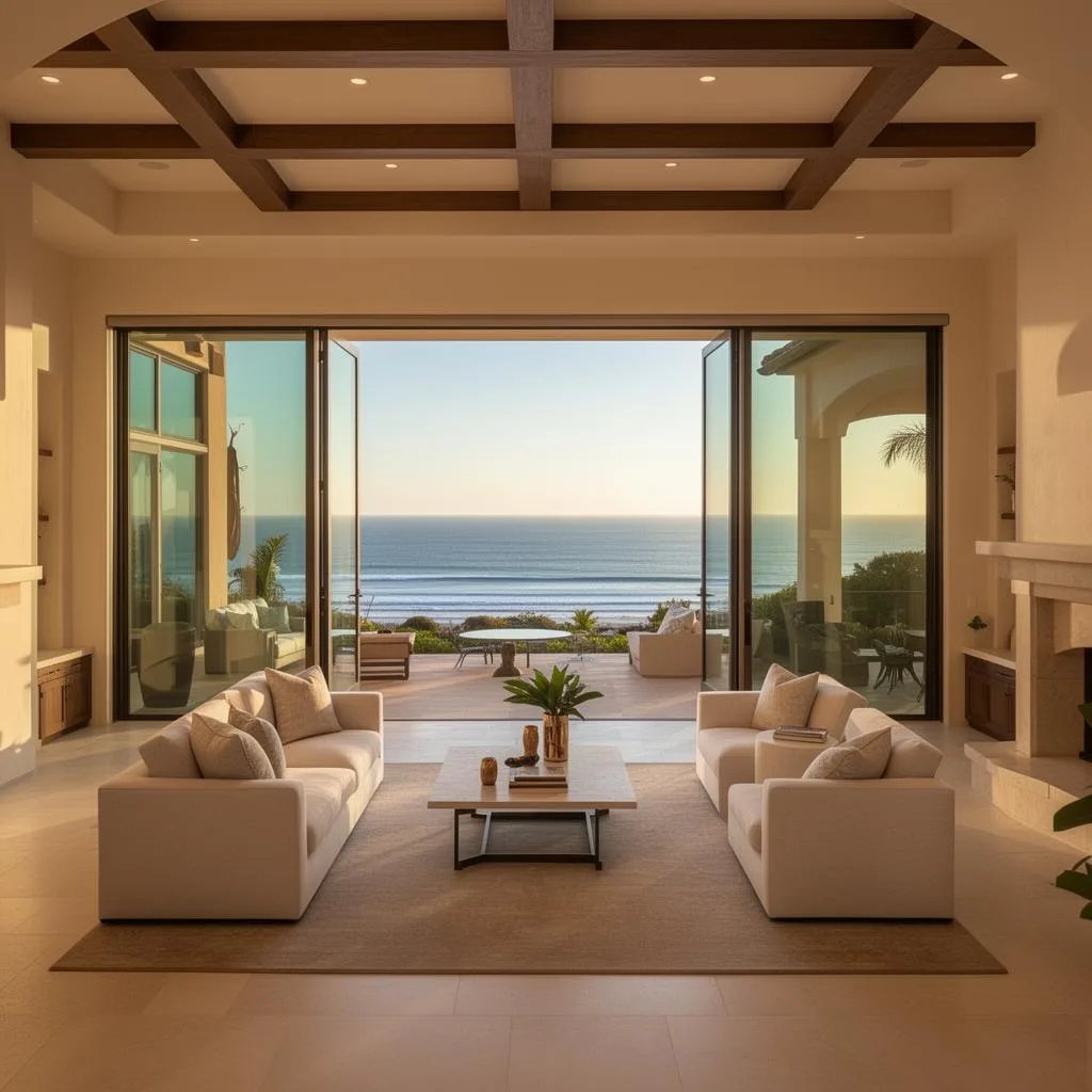 Luxury living room opening to an ocean view terrace in coastal San Diego