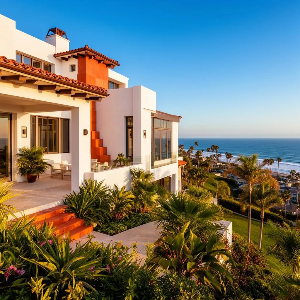 White Spanish style coastal home with ocean view in North County San Diego
