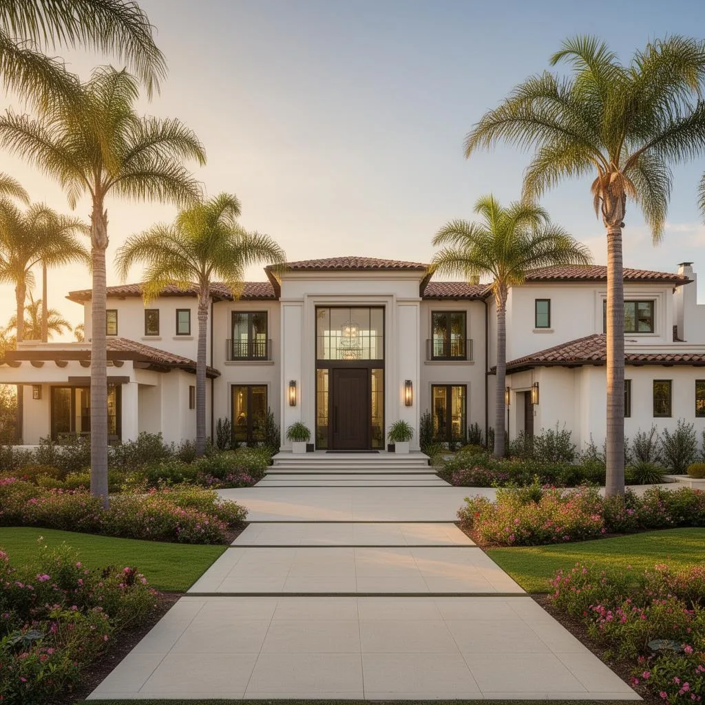 Spanish style luxury estate with palm lined walkway in North County San Diego