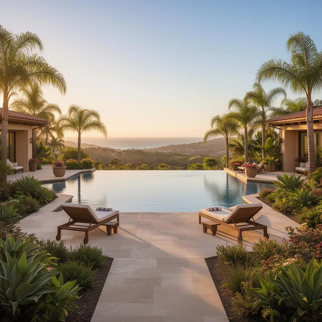 Infinity pool with ocean and canyon views at a luxury estate in San Diego