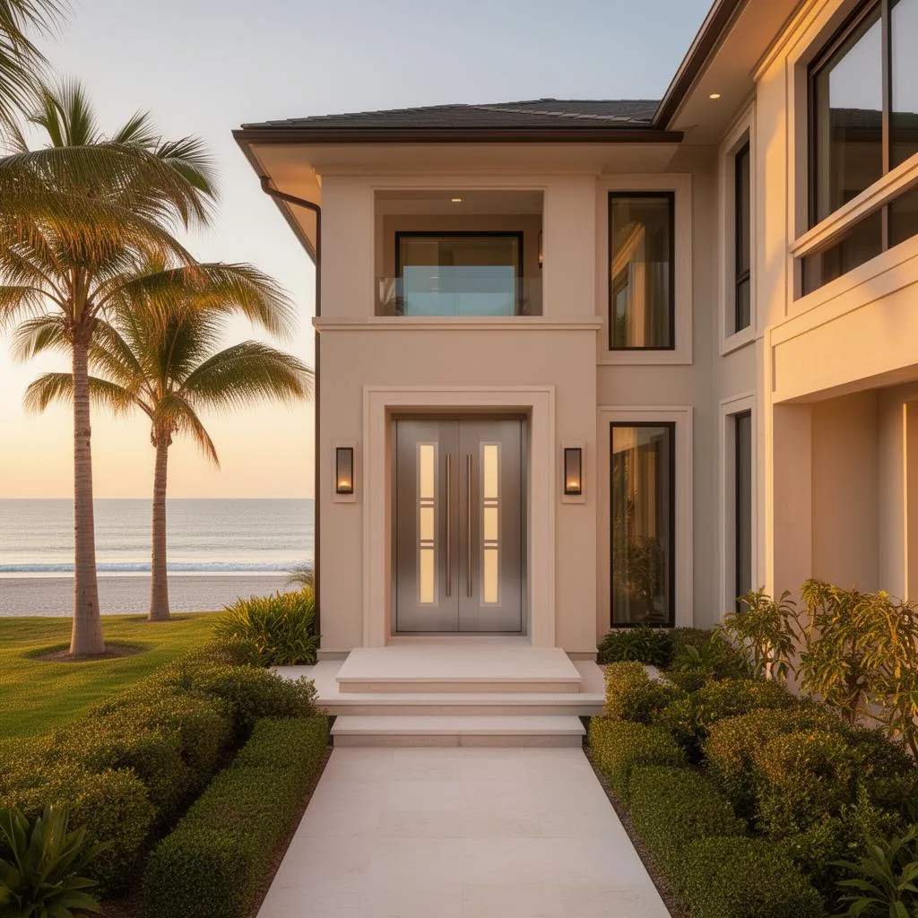 Contemporary coastal luxury home entry with palm trees at sunset in North County San Diego