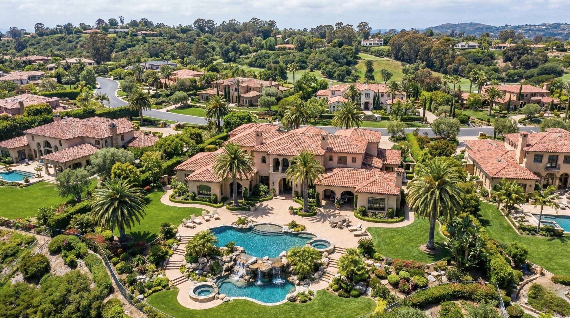 Sprawling private gated estate in Rancho Santa Fe, California at dusk